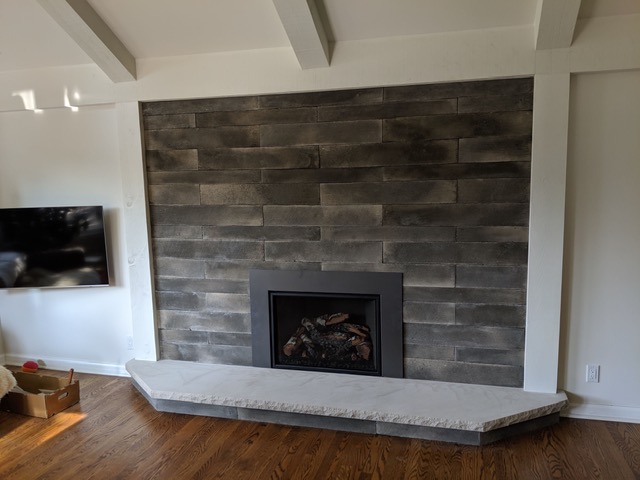 exterior view of patterned fireplace
